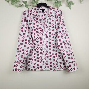 Ashley Stewart Size 26 Lips Print Long Sleeve Stretch Women's Top Blouse